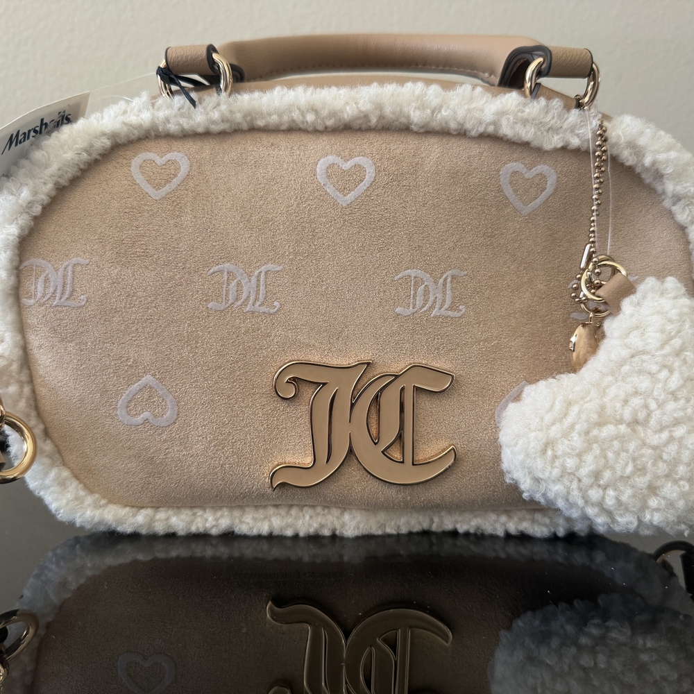 Juicy Couture Faux Shearling Crossbody Bag – Tan Suede Heart Logo NWT